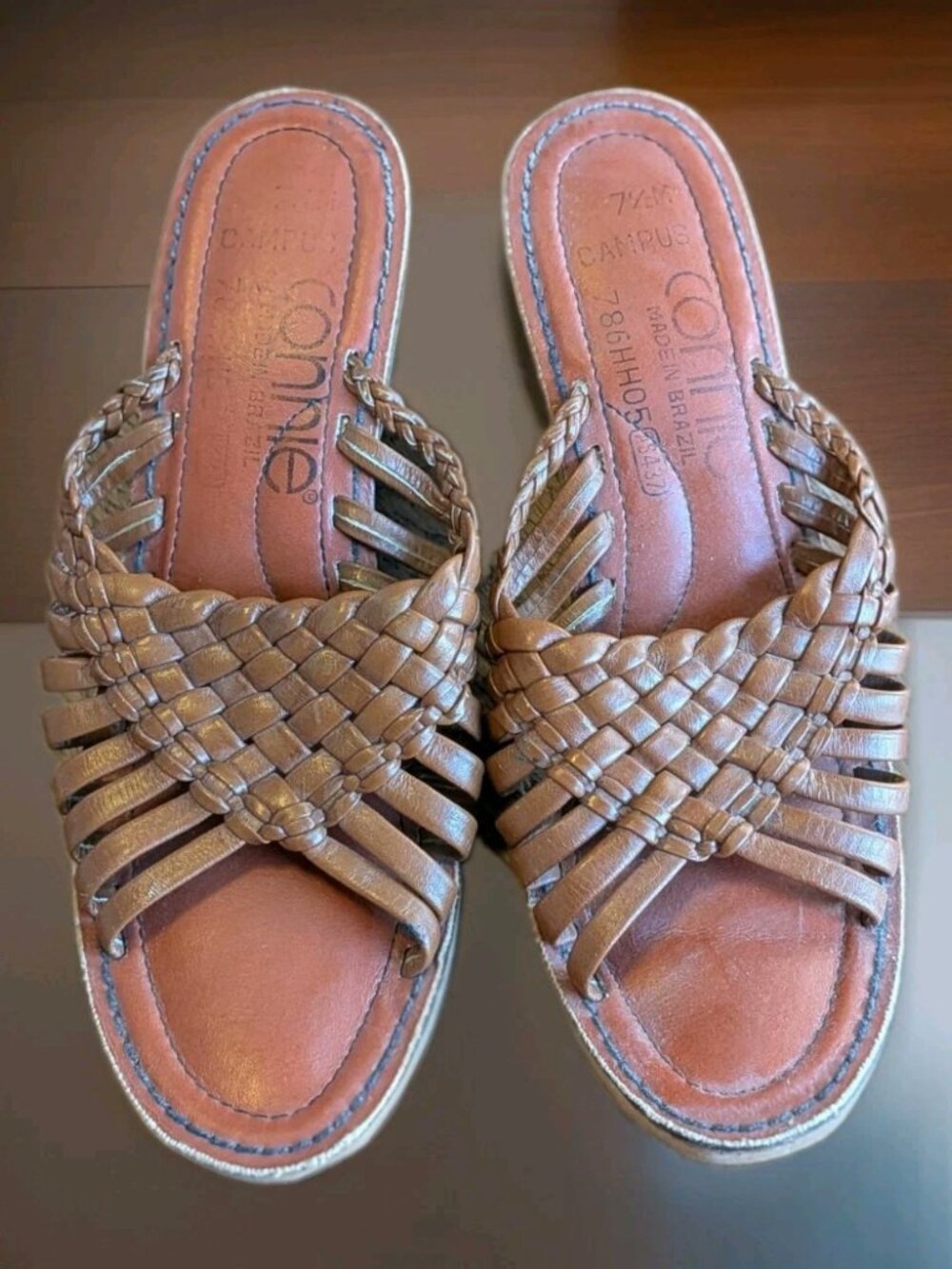 Connie Campus Brown Leather Woven Wedge Sandals 7.5M Made In Brazil
